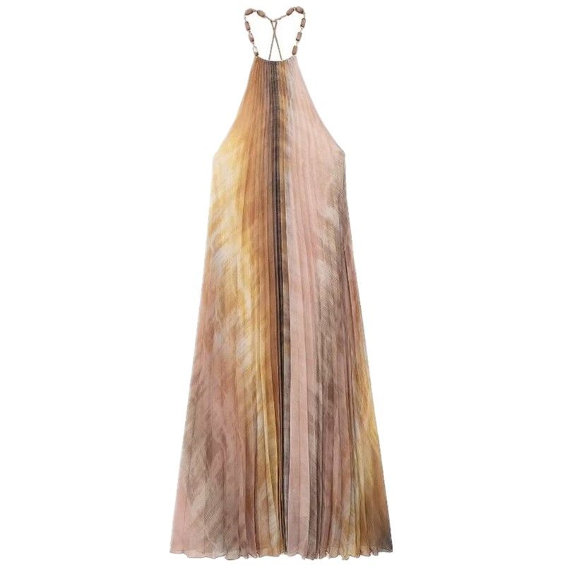 

Fashion Style 2024 Summer New Arrival Women s Tie-Dye Hanging Collar Pleated Mid-Length Dress 3666096 Picture color L