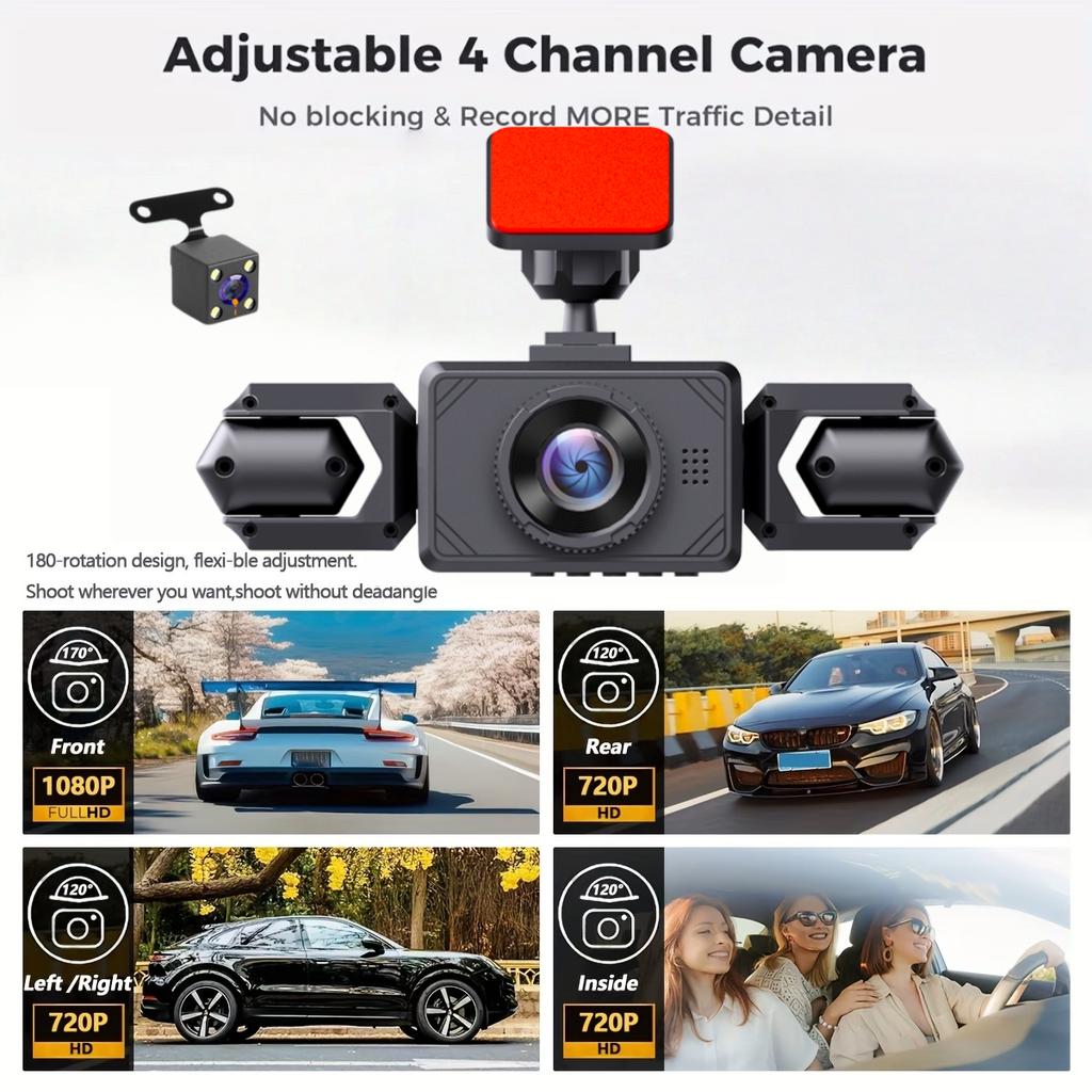 3/4CH Dash Cam, 1080P+720P Multi-Lens, IR Night Vision, Auto Loop Recording Universal Car Fit