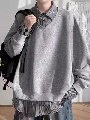 Men's Trendy Patchwork Fake Two-Piece Sweatshirt - Loose Fit, Casual Shirt Collar for Spring & Autumn.