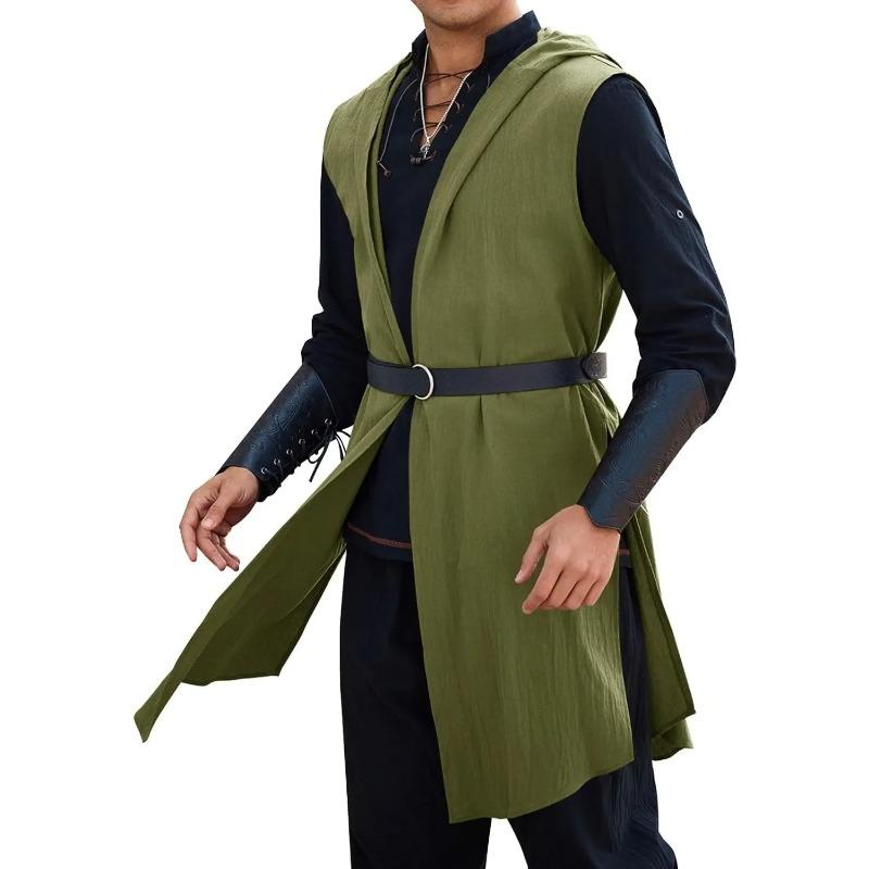 Men's Renaissance Ranger Costume Hooded Surcoat Medieval Knight Sleeveless Viking Holloween Cloak