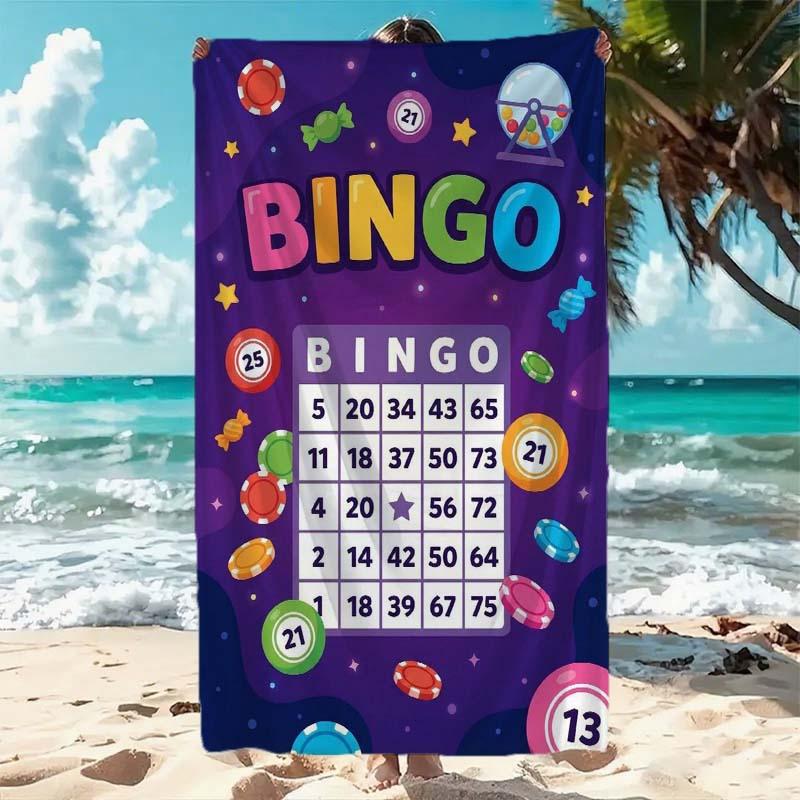 Bingo Game Beach Towel - Colorful Number Balls, Candy & Chips, Fun Party Design, Quick Dry, Multiple Sizes