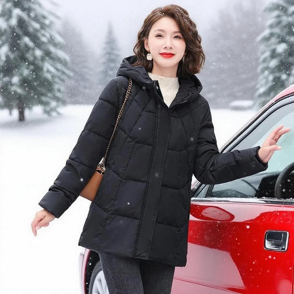 Pikowana kurtka zimowa puchowa mama moda plus size luźna gruba z kapturem pikowana kurtka