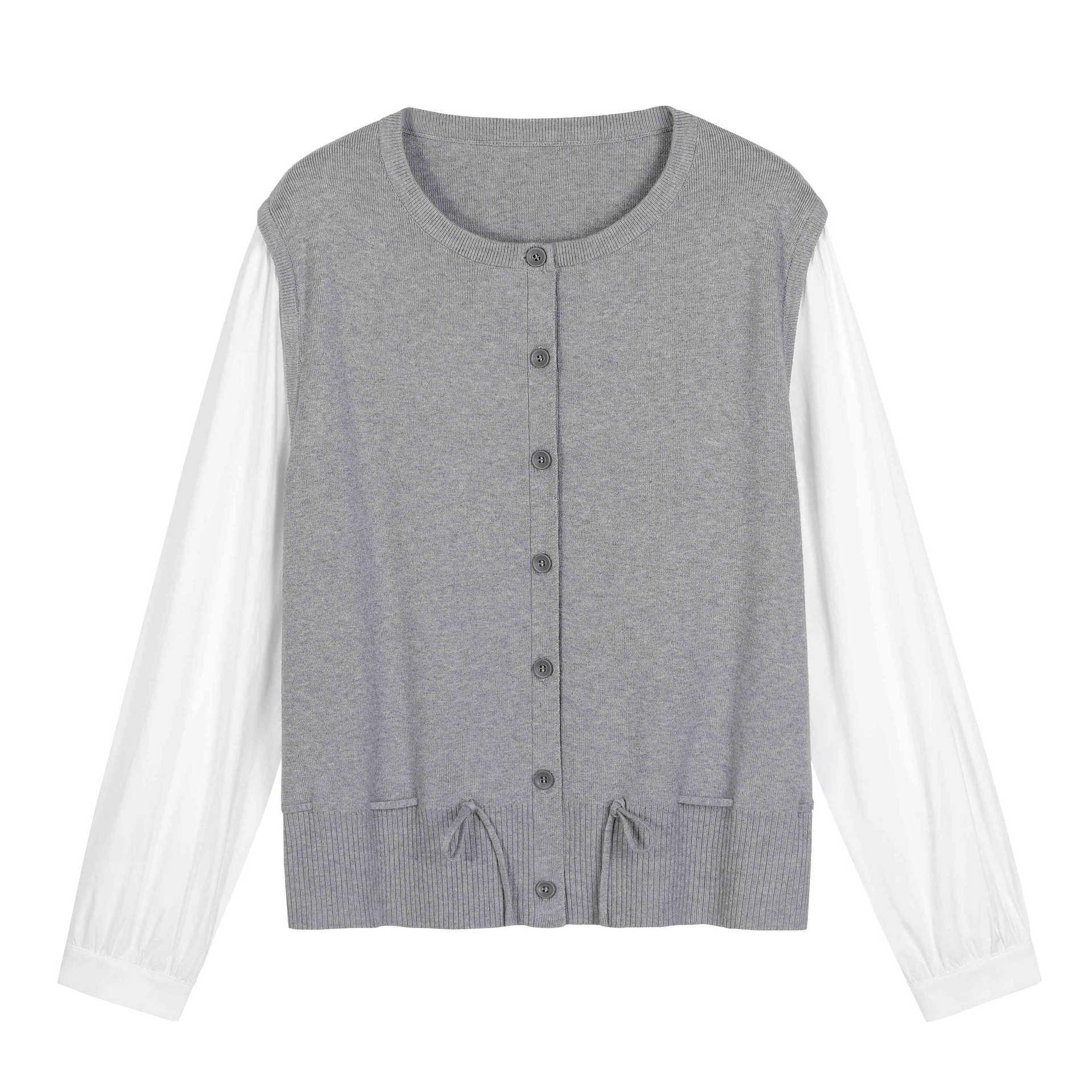 

Plus Size Spring Color Block Knit Cardigan - Slimming Two-Piece Style with Drawstring 3XL (suggested weight 175-200 jin)