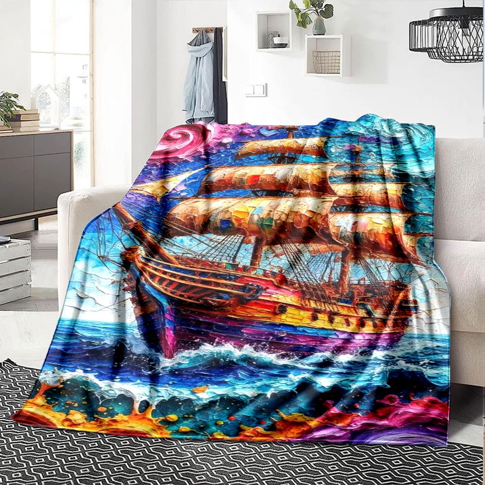 Pirate Ship Art Print Flannel Blanket High Quality Warm Comfortable Cover for All Seasons Perfect for Gifts Home Decor