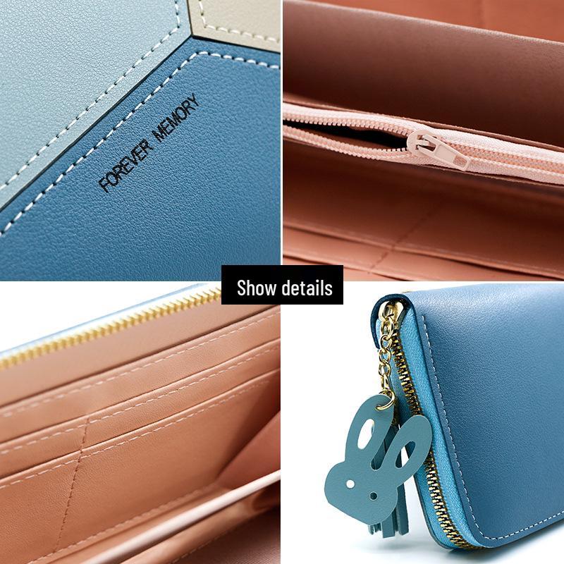 New Women's Korean Style PU Patchwork Long Wallet - Color Block Zipper Coin Purse & Mobile Phone Holder