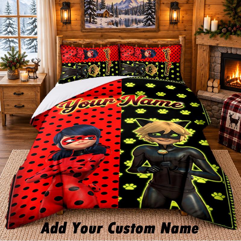 Miraculous Ladybug Set Lenzuola Personalizzato 3 Pezzi 1 Lenzuolo 2 Federe Arredo Camera da Letto Casa