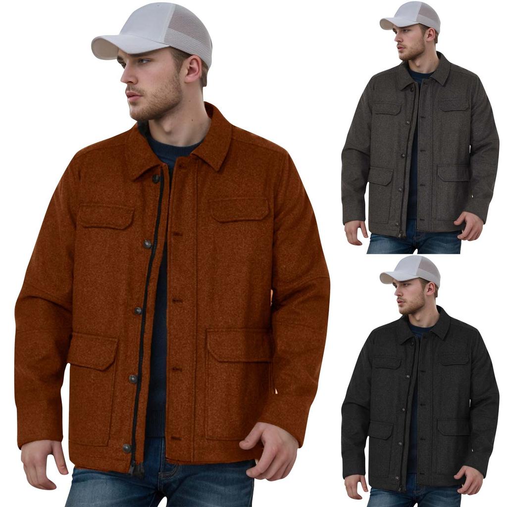 Men's Solid Color Lapel Zipper Single Breasted Jacket Casual Daily Large Pocket Long Sleeve Coat