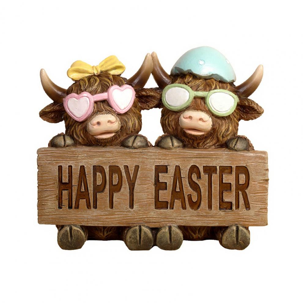 

Decoration Highland Cow Ornament with Insertable Cards Resin Couple Figurines Spring Easter Decorations with Wooden Cross Set коричневый