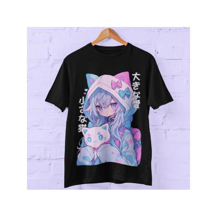 Goth Catgirl Anime T-Shirt - Oversized Unisex Japanese Grunge Aesthetic Kawaii Gothic Graphic Tee with Cat-Ear Girl  Tabby Cat Print, Round Neck S чёрный