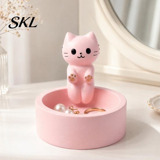 Small Jewelry Storage Box Cute Cat Tray, with Deep Plate Slot, Pink Matte Finish Holder Resin Decorative Ornament, for Dressing Table And Keys