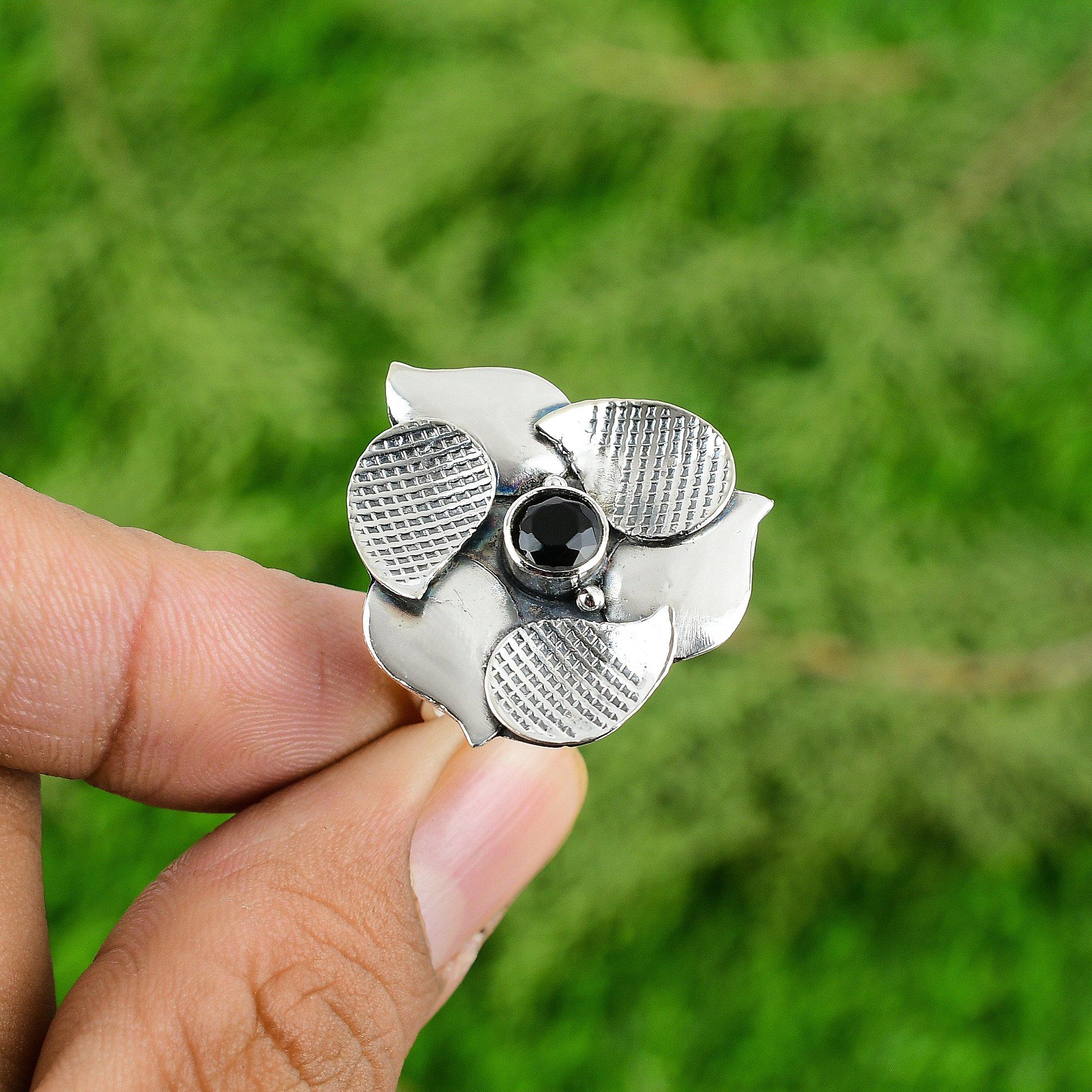 

Gift For Her 925 Silver Natural Black Onyx Statement Flower Adjustable Ring Adjustable
