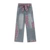 Women's Plaid Patchwork Wide-Leg Jeans with Bow Tie - Trendy Spring Casual Trousers