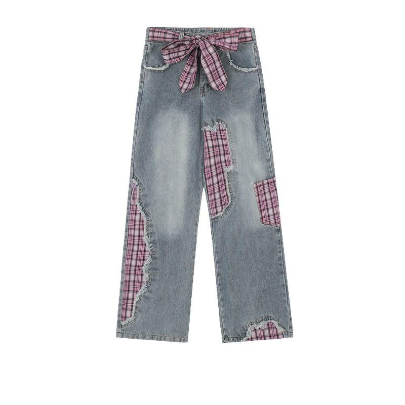 Women's Plaid Patchwork Wide-Leg Jeans with Bow Tie - Trendy Spring Casual Trousers