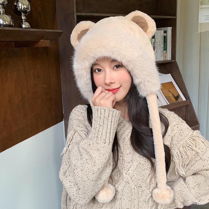 Cute Bear Ear Plush Hat Thickened Warm Winter Knit Cap Fashionable Small Lei Feng Hat