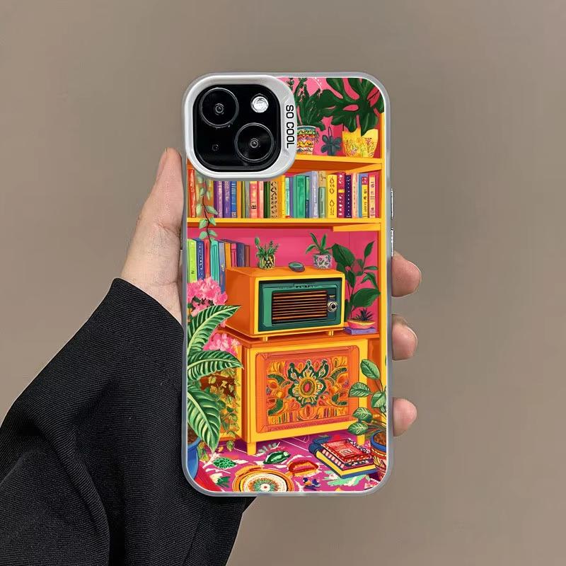 Art Bookshelf And Small Flowers Phone Case For iPhone 17 Pro Max 16 15 Pro 14 13 Mini 12 11 XR XS 17Air Plus Hard Matte Cover