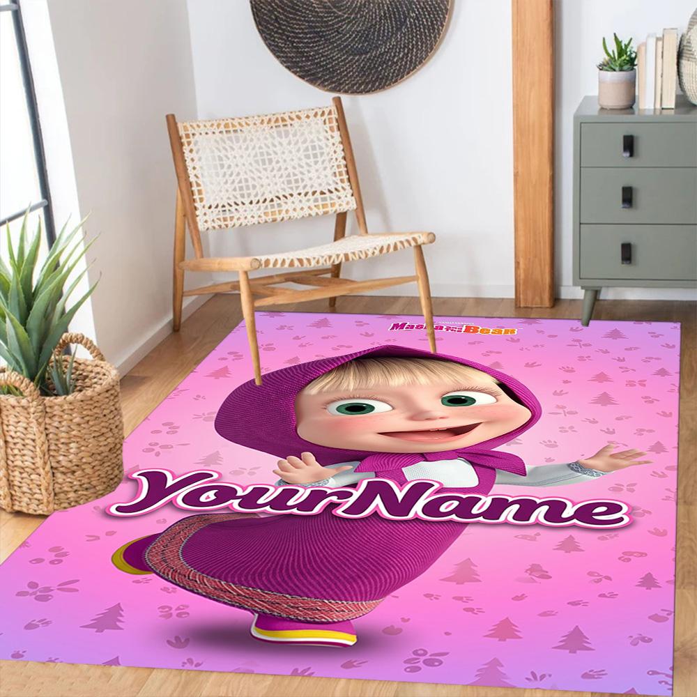 Masha Bear Customizable Name Floor Mat Design for Hallway Playrooms Entryway Outdoor Anti-slip Rug Anime Office Decor Best for Christmas