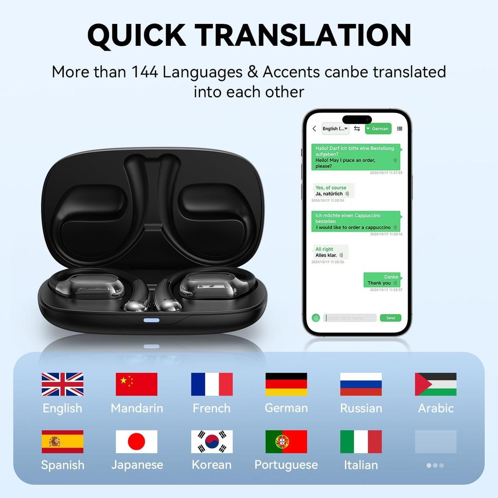 KI Sprachübersetzung Ohrhörer Übersetzungs-Ohrhörer Echtzeit 144 Sprachen Akzente Online Übersetzergerät APP-Übersetzung Bluetooth 5.4 Kopfhörer