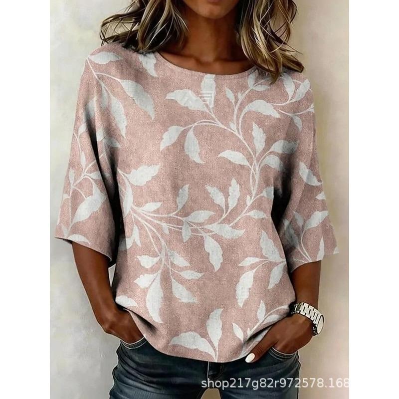 Xiyin's New Summer T-shirt Women's D-printed Retro Round Neck Loose Seven-quarter Sleeve T-shirt Top