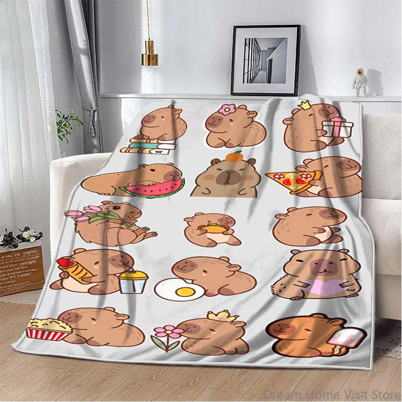 Cartoon Soft Capybara pattern printed Flannel Throw blanket, suitable for sofas, beds,offices, travel, Picnic,warm plush blanket