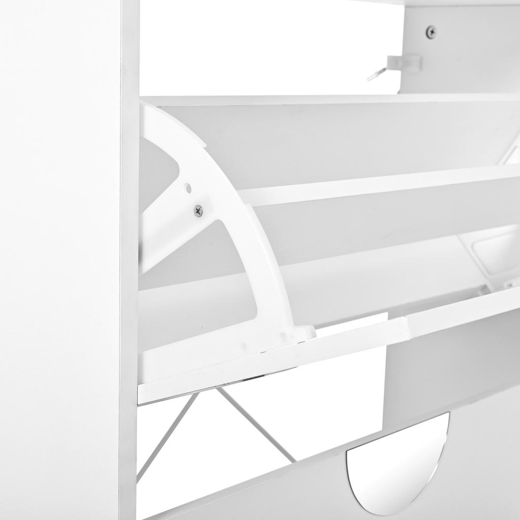 Modern and unique white shoe cabinet, shoe cabinet with 3 flaps, round mirror, large storage space, suitable for entryway/foyer