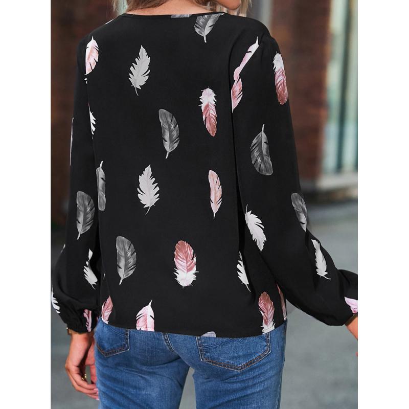 2026 Spring New V-neck Feather Print Long Sleeve Loose T-shirt for Women