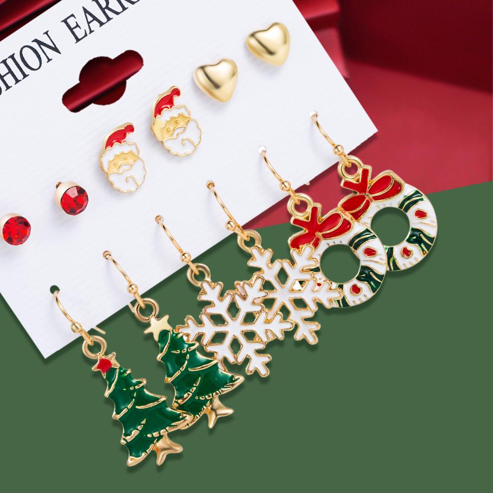 6-częściowy zestaw modnych i prostych kolczyków damskich, zestaw z serii świątecznej, kolczyki z wzorem Świętego Mikołaja, choinki, płatka śniegu