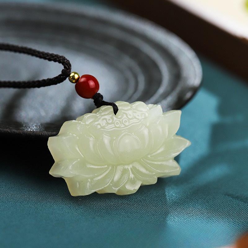 Afghan White Jade Lotus Pendant Necklace for Men and Women