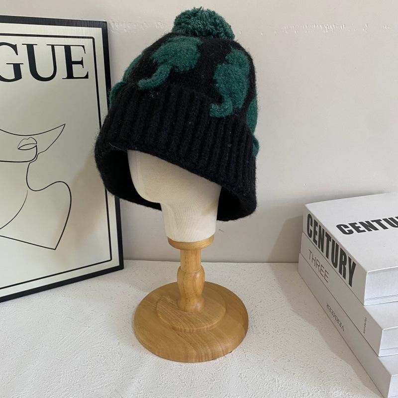 JYL TS DIY Cat Beanie Unisex Autumn Winter Color Block Pom-pom Warm Hat Acrylic