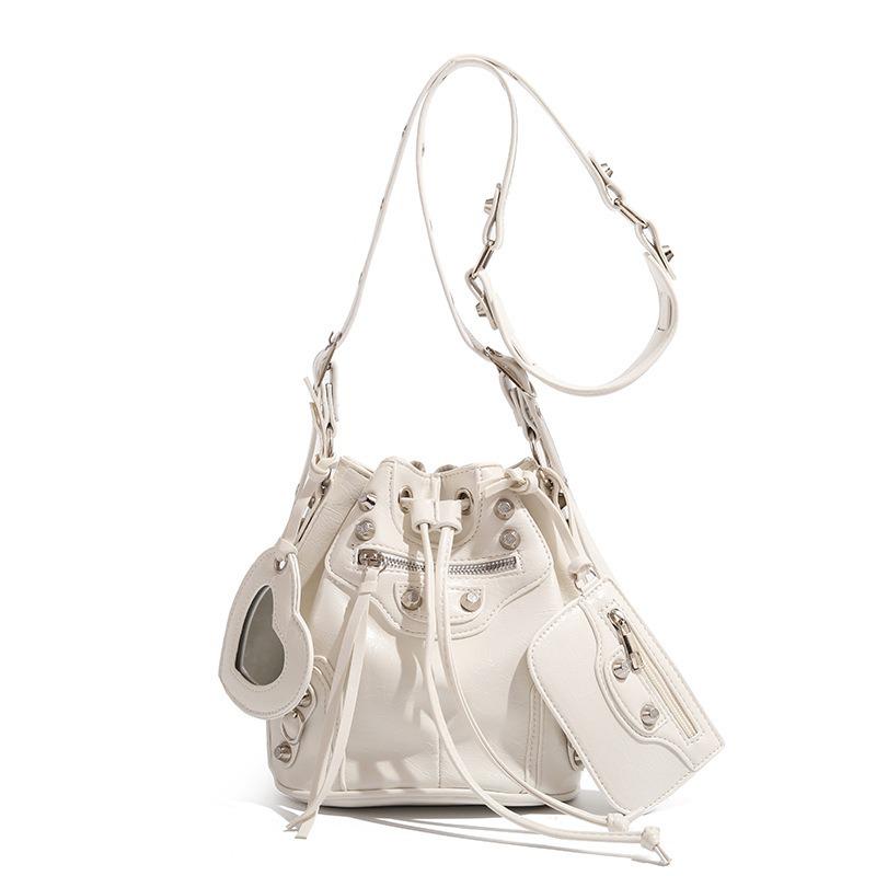 Women's Versatile Drawstring Studded Bucket Bag - High-End Casual Single Shoulder & Crossbody