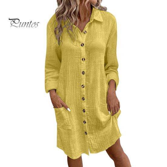 Fall Spring Women Dress Turn-down Collar Loose Long Sleeves Single-breasted Solid Color Shirt Type OL Commuting Midi Dress