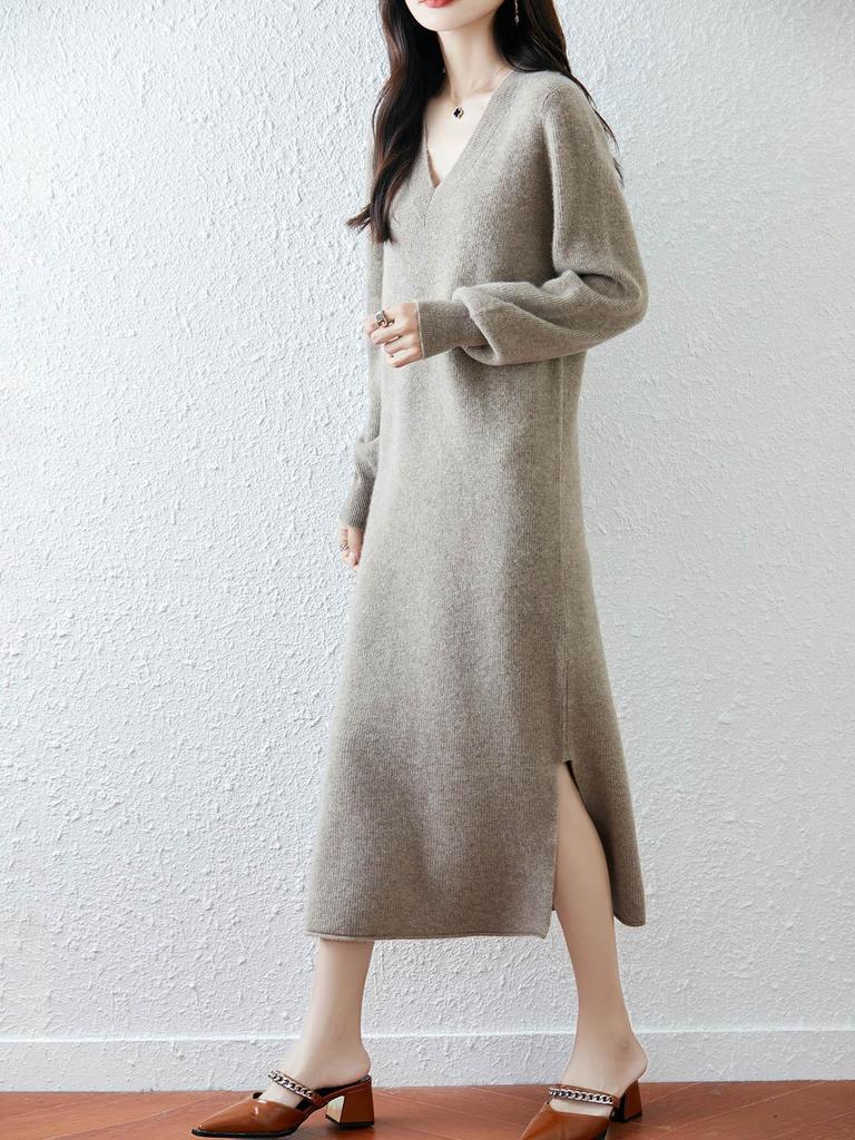 Women's V-Neck Wool Sweater Dress, Loose Fit, Slit Design, Over-the-Knee Length, Large Size, Plain Pullover, Inner Layer Long Skirt