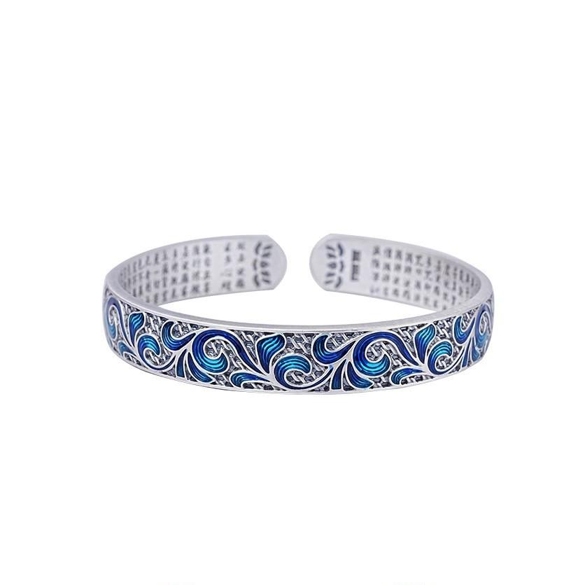 Sterling Silver 9999 Enamel Scroll Heart Sutra Bangle - Ethnic Style Bracelet