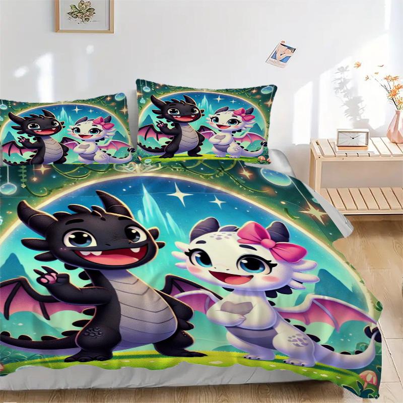 Fantasy Dragon Friends Print 3Pcs Bedding Setduvet Cover With 2 Bedropillowcase Home Birthday Gift