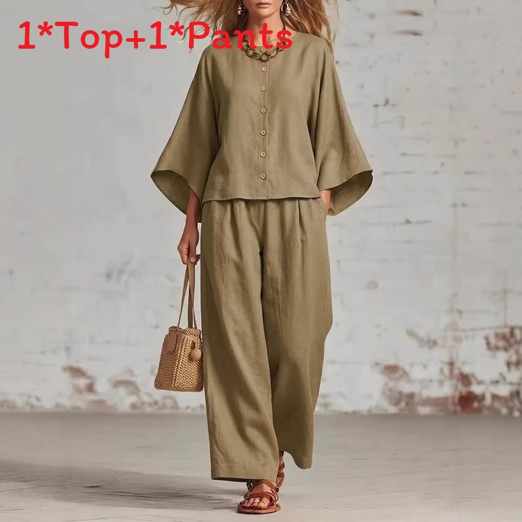 Womens Summer Linen Cotton Blended Top Wide Leg Pants Suit With Spliced Pattern For Casual Office Wear