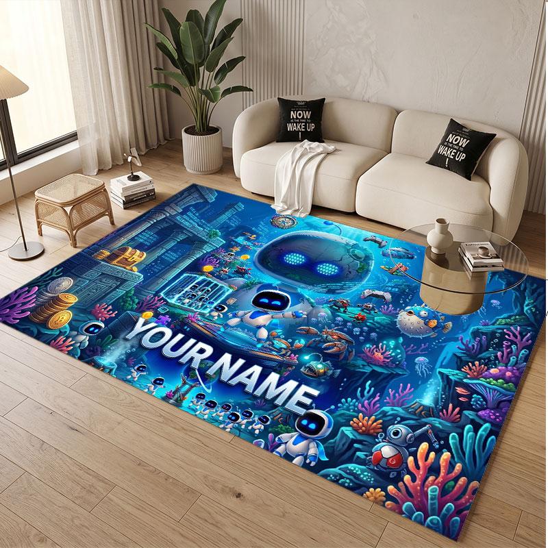 Custom Name Text Crystal Velvet Rug,Astro Bot Soft Plush Decorative Non Slip Floor Carpet