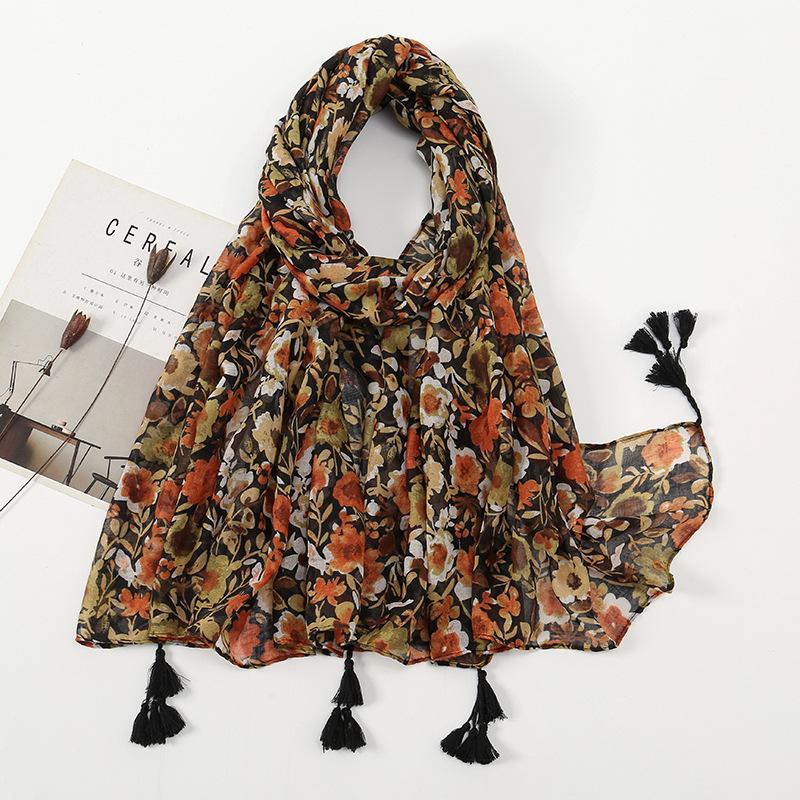 Stort Boho skjerf for kvinner Lett blomstertrykkskjerf Høst Vinter Mote Frynsede sjalomslag, 60 farger