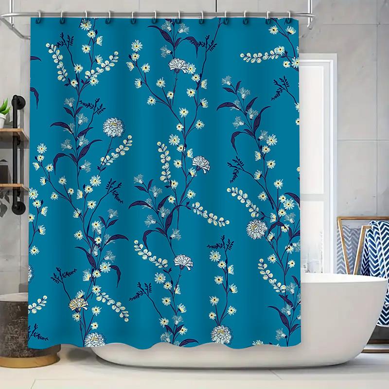 Modern Floral Print Shower Curtain Fabric Waterproof Bathroom Decor Dark Blue White Color 3D Printing Flowers Printed Customized