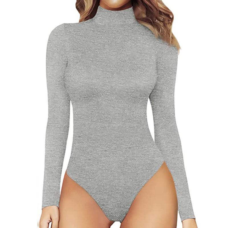 Women's Mock Neck Long Sleeve Stretchy Bodysuit Slim Fit Solid Color Body Shaper Jumpsuit Top
