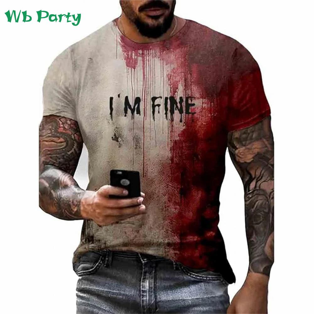 Problem Solved Bloody Print Men's Clothing Fashion T-shirts for Men Horrible Halloween Short Sleeve Tops O-Neck 3D Mens T Shirt