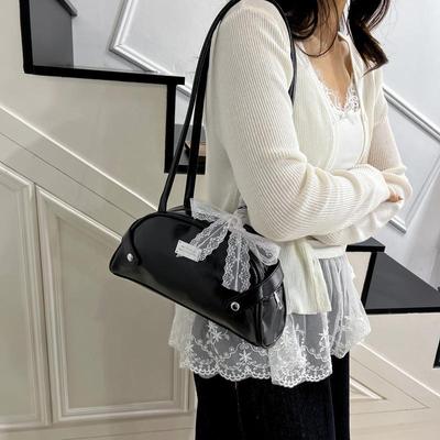 Korean  Shoulder Bag Sweet Lace Bow Underarm Bag Ladies Simple Solid Color Pu Leather Handbag For Women Gifts