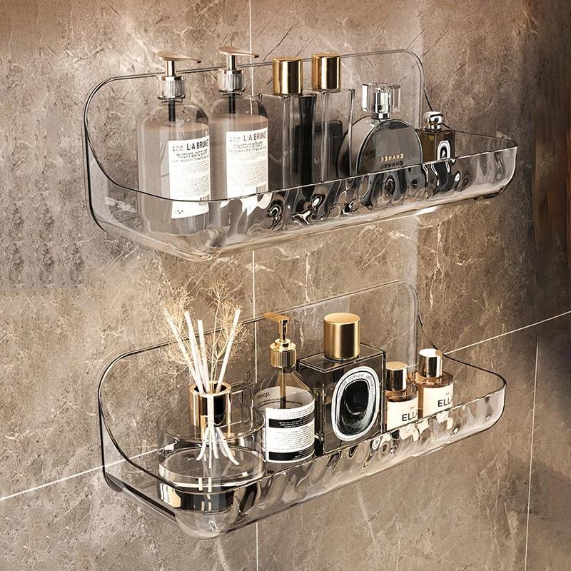 Acrylic Transparent Storage Rack Bathroom Wall Mounted Punch Free Cosmetic Storage Tray Makeup Organizer Bathroom Kitchen Shelf