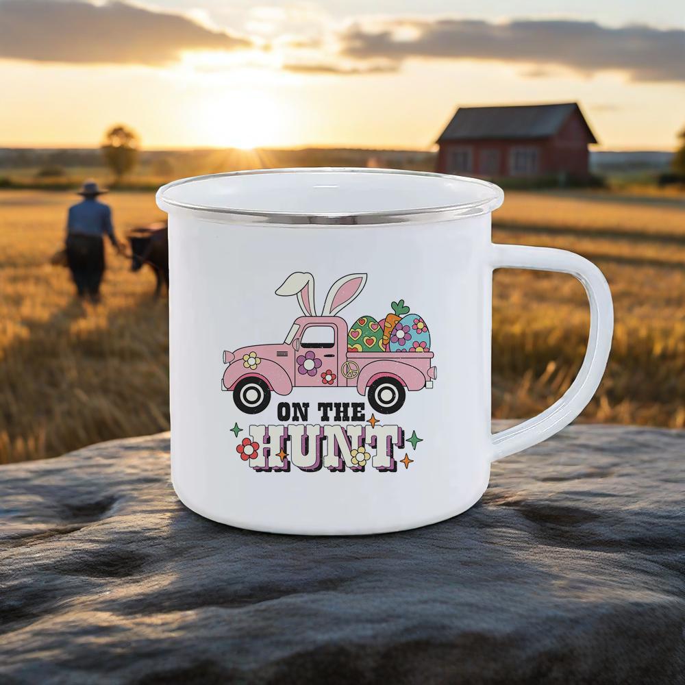 Cute Rabbit Pattern Breakfast Cups Soft Charming Color Milk Cola Mug For Camping Hiking Safe Durable UseHappy Easter Enamel Mug