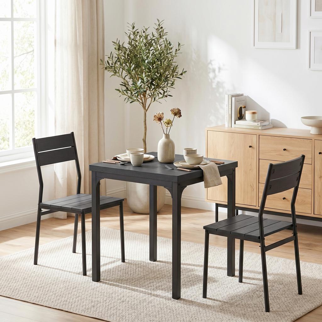 3 Piece Space-Saving Kitchen Table and Chairs, Dining Table Set for 2 with Metal Legs, Black Wood Effect