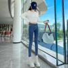 Women's High-Waist Skinny Denim Jeans - Dark Blue, Elastic, Plus Velvet, Spring 2024 Fashion.