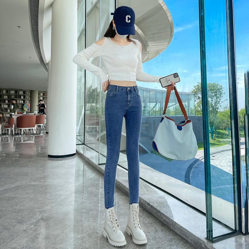 Women's High-Waist Skinny Denim Jeans - Dark Blue, Elastic, Plus Velvet, Spring 2024 Fashion.
