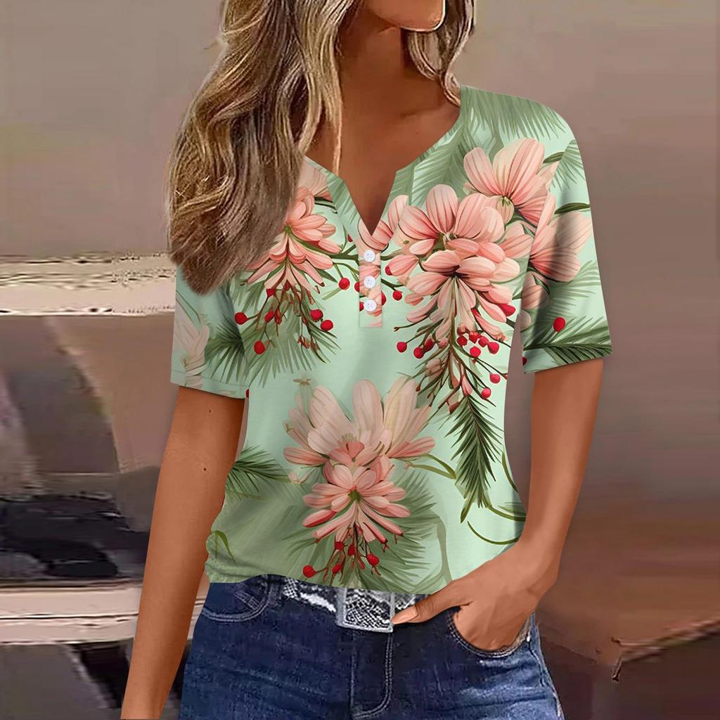 Women's T Shirt Print Button Short Sleeve Daily Weekend Fashion Basic V-Neck Regular Top