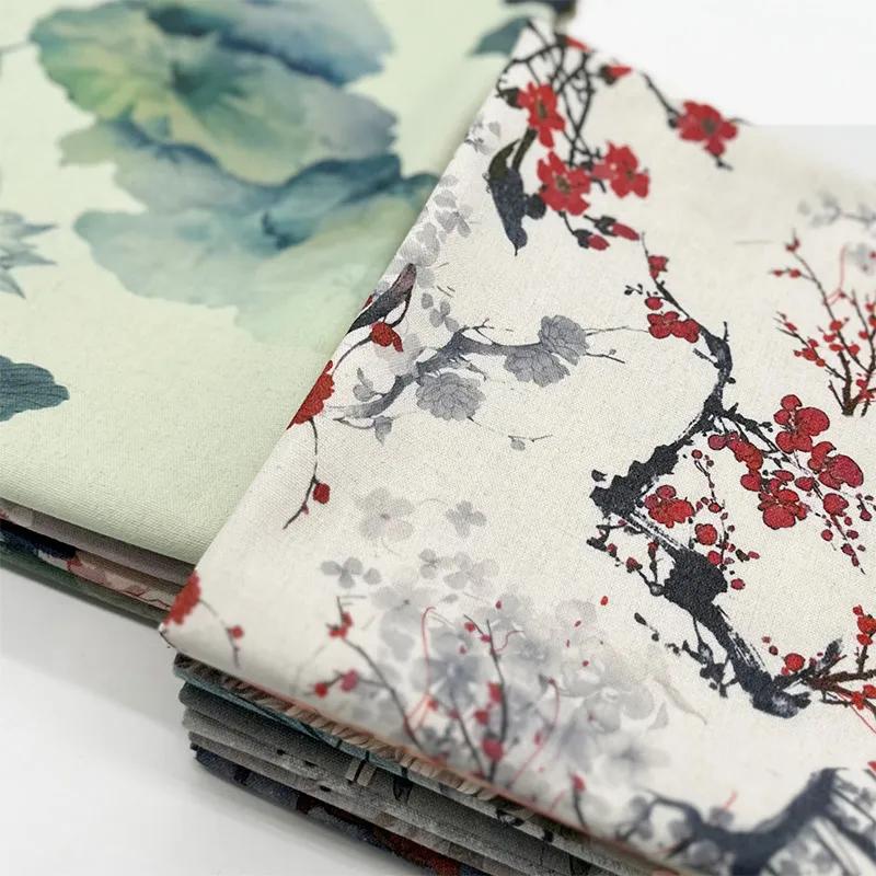 0.5m/1m/2m Encrypted Cotton Linen Retro Chinese Ink Style Fabric For Decorative Cloth Tablecloths Curtains Handmade DIY Fabric