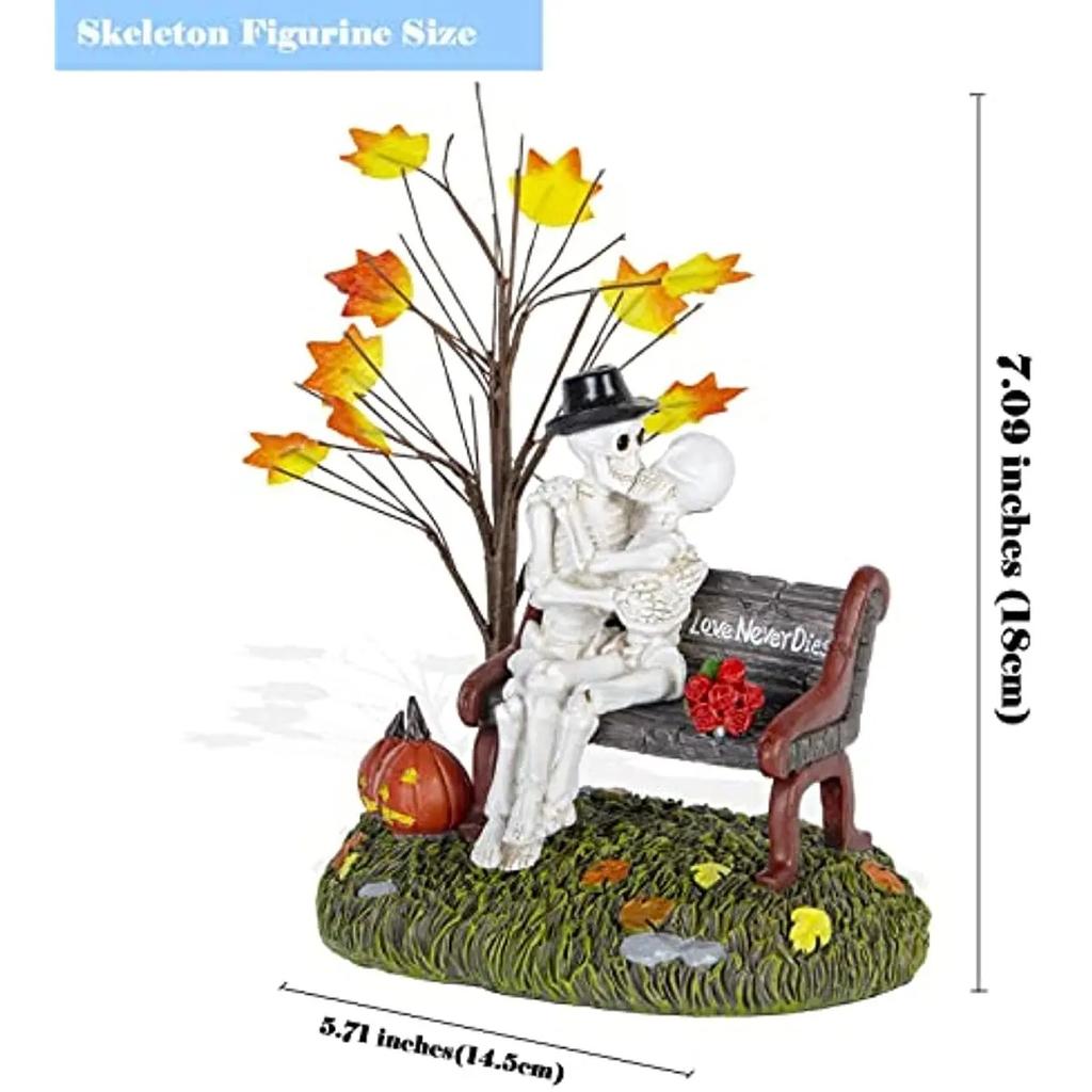 Halloween Village Accessories, Kiss of Death Figurines, Spooky Skeleton and Pumpkin Statue LED Lights Decorations Holiday Gifts