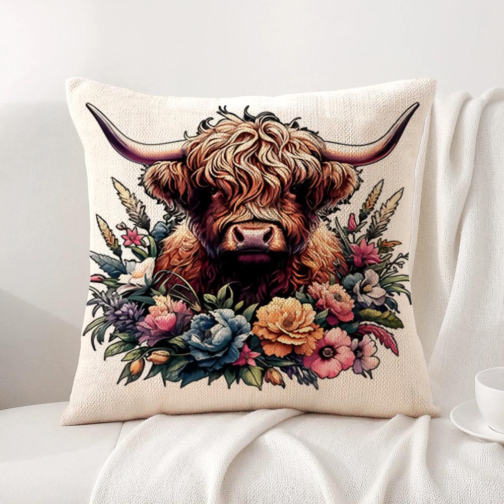 Hochlandrind und Blume Kissenbezug Natürlicher Leinen Bio-Stoff Beidseitiger Druck Sofa Heimdekor Geschenk Kissenbezug