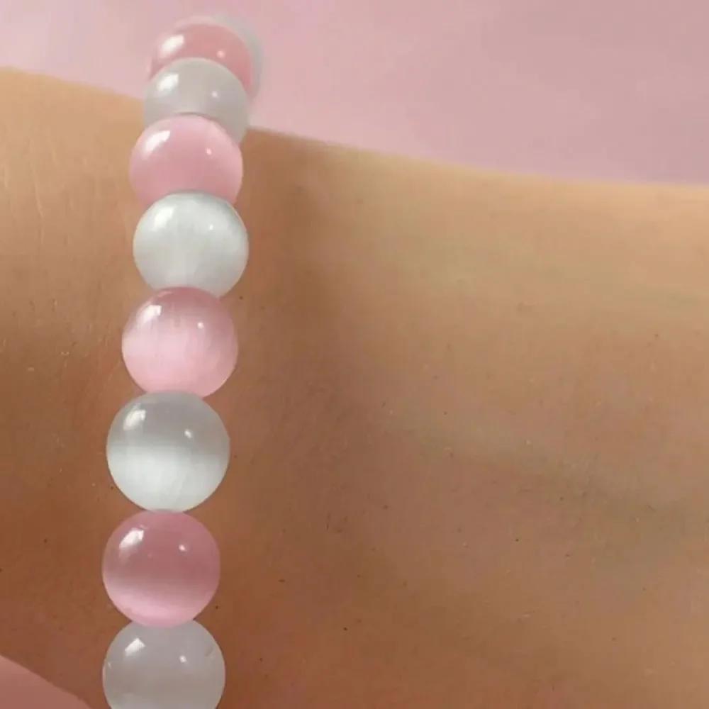 1pc Elegant & Cute Pink And White Cat Eye 8mm Beaded Bracelet, Adjustable For Women, Daily Accessory, Perfect Gift